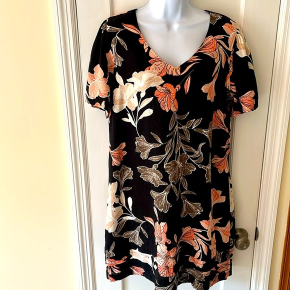 Linen Blend V Neck Dress Black Peach Tropic Floral Print Sz Medium Light Beachy - Picture 3 of 17
